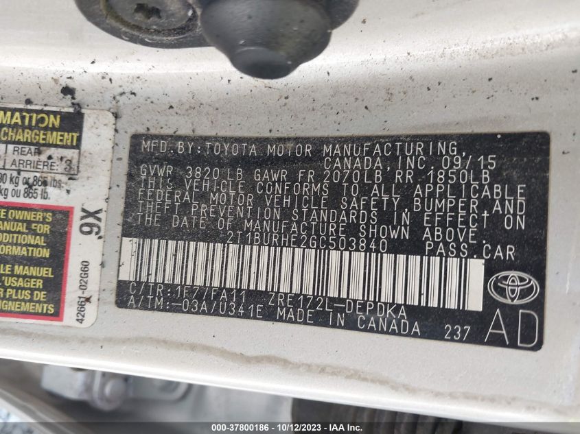 2016 TOYOTA COROLLA L/LE/S/S PLUS/LE PLUS - 2T1BURHE2GC503840
