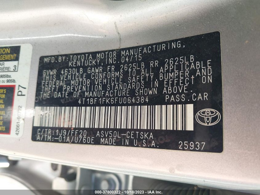 2015 TOYOTA CAMRY LE/XLE/SE/XSE - 4T1BF1FK6FU064384