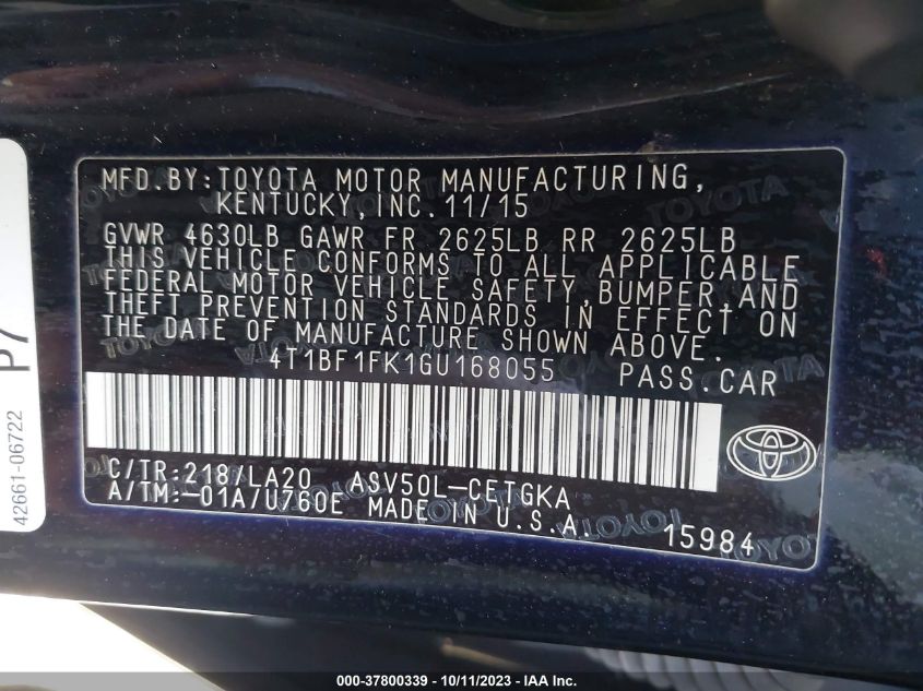 2016 TOYOTA CAMRY XLE/SE/LE/XSE - 4T1BF1FK1GU168055