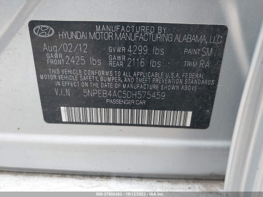 2013 HYUNDAI SONATA GLS PZEV - 5NPEB4AC5DH575459