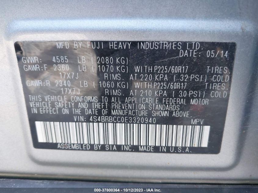 2014 SUBARU OUTBACK 2.5I PREMIUM - 4S4BRBCC0E3320940
