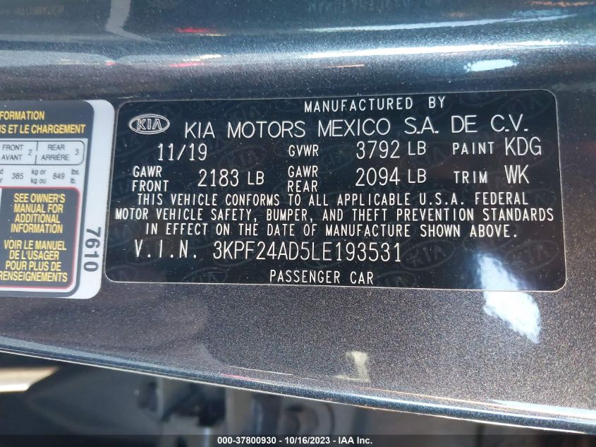 VIN 3KPF24AD5LE193531 2020 KIA FORTE LXS