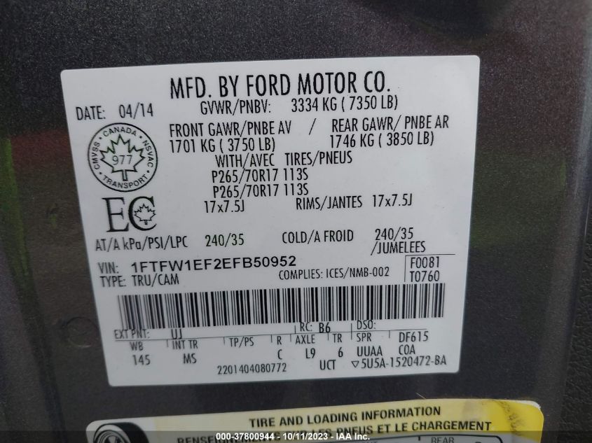 2014 FORD F-150 XL/XLT/STX/FX4/LARIAT - 1FTFW1EF2EFB50952