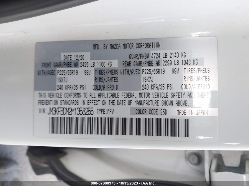 VIN JM3KFBDM2M1358255 2021 MAZDA CX-5 GRAND TOURING