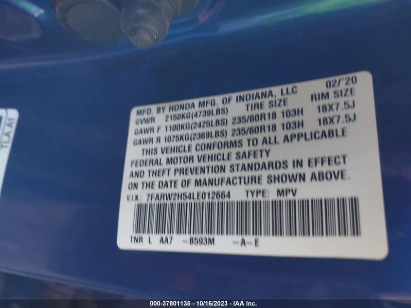 VIN 7FARW2H54LE012664 2020 HONDA CR-V EX
