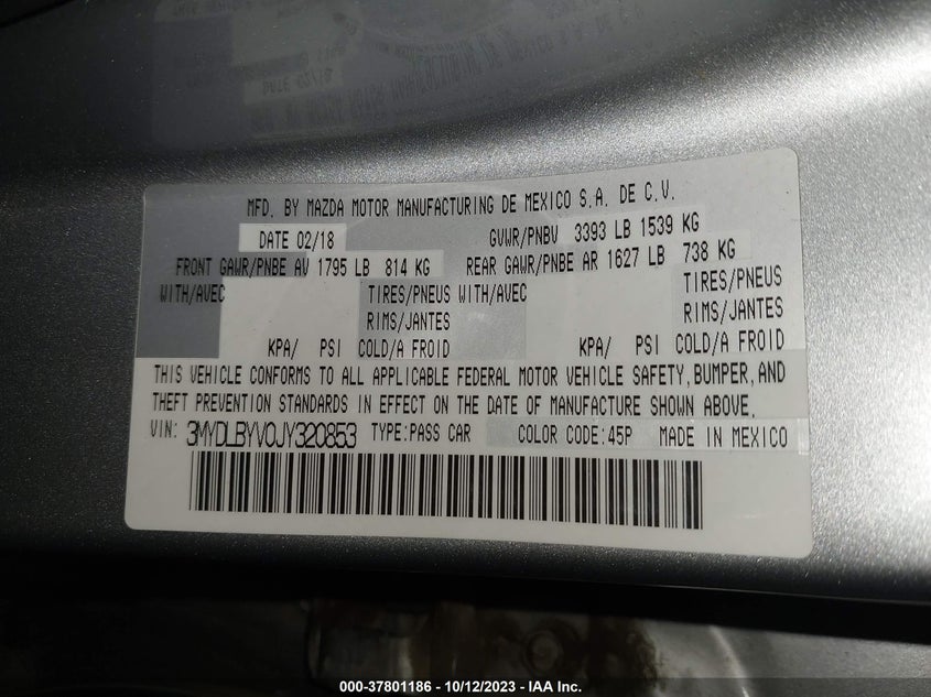 VIN 3MYDLBYV0JY320853 2018 TOYOTA YARIS IA