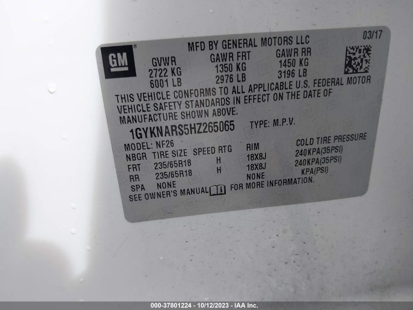 2017 CADILLAC XT5 - 1GYKNARS5HZ265065