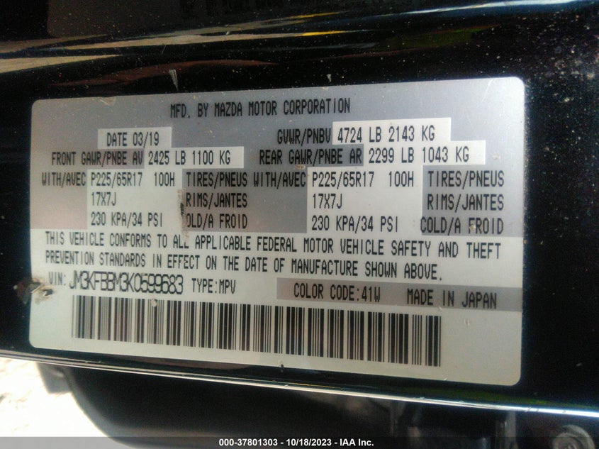 VIN JM3KFBBM3K0599683 2019 MAZDA CX-5 SPORT