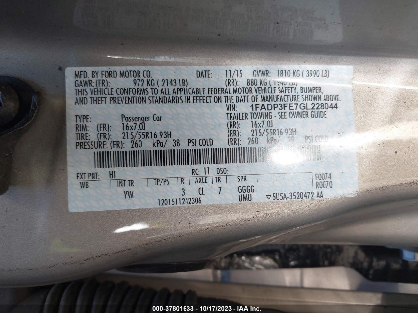 2016 FORD FOCUS SE - 1FADP3FE7GL228044