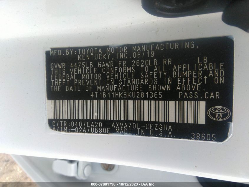 2019 TOYOTA CAMRY L/LE/XLE/SE/XSE - 4T1B11HK5KU281365