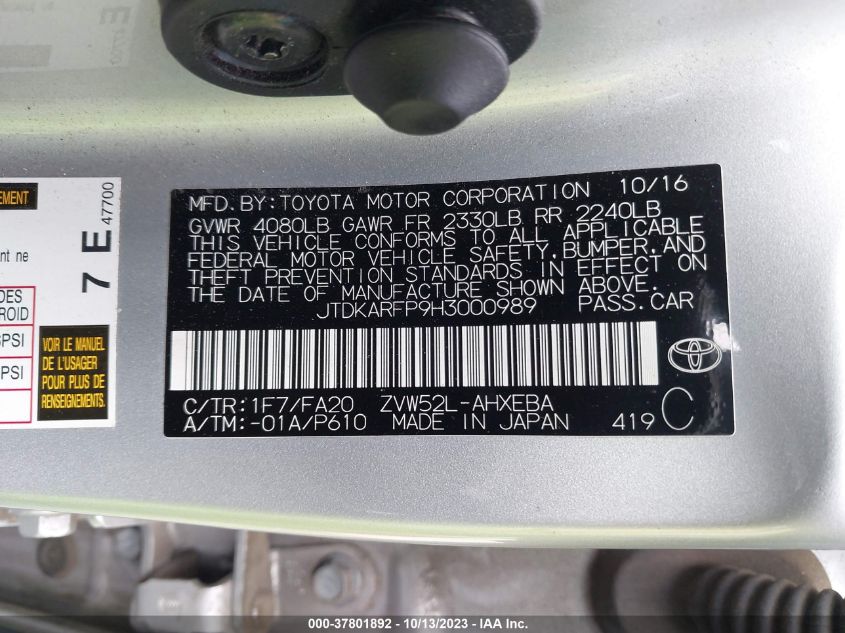 2017 TOYOTA PRIUS PRIME PLUS/PREMIUM/ADVANCED - JTDKARFP9H3000989