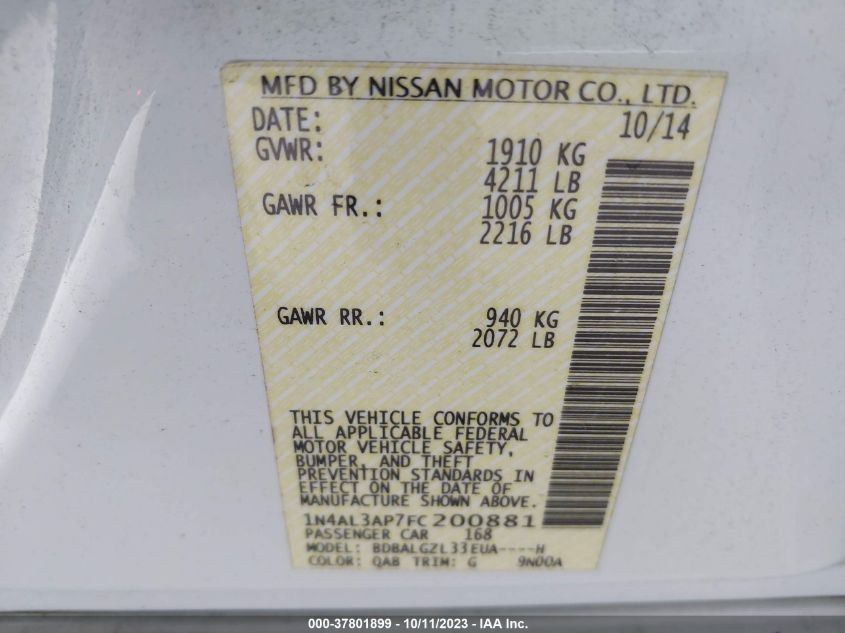 2015 NISSAN ALTIMA 2.5 S - 1N4AL3AP7FC200881