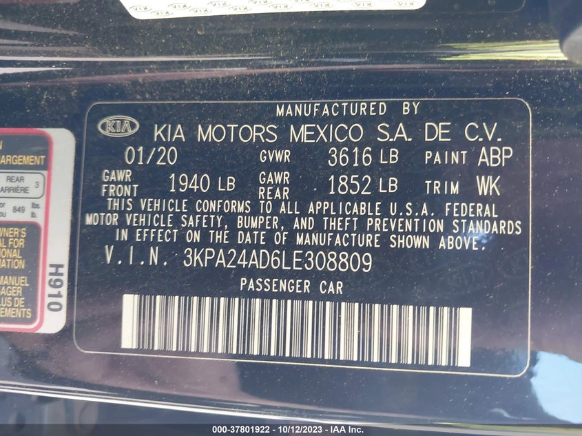 VIN 3KPA24AD6LE308809 2020 KIA RIO LX