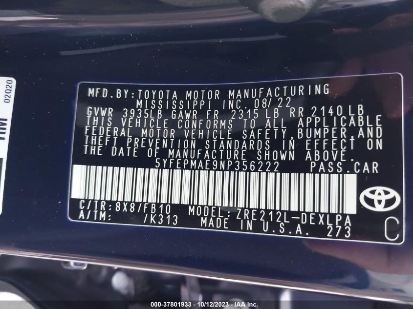 2022 TOYOTA COROLLA LE - 5YFEPMAE9NP356222