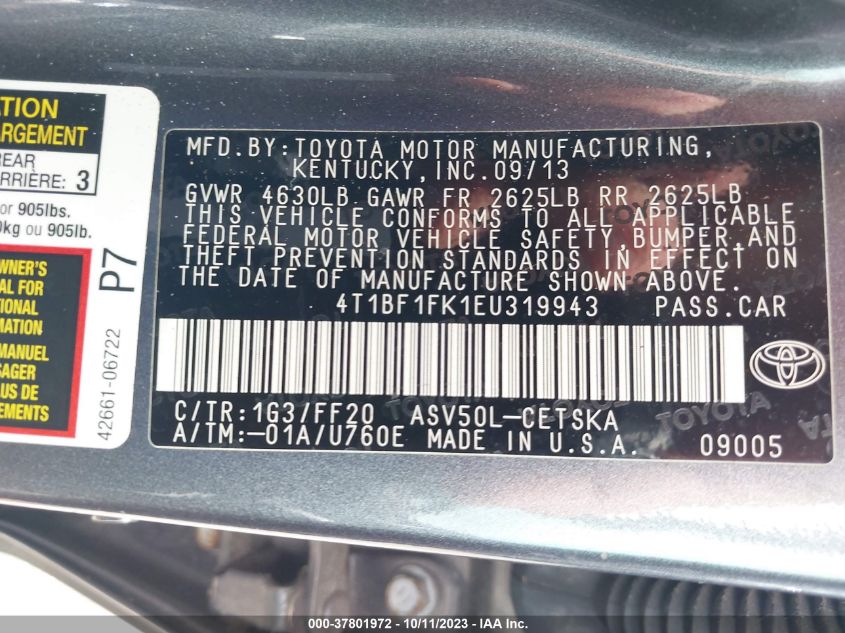 2014 TOYOTA CAMRY L/LE/XLE/SE/SE SPORT - 4T1BF1FK1EU319943