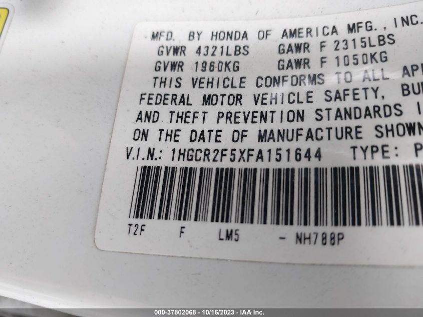 2015 HONDA ACCORD SPORT - 1HGCR2F5XFA151644