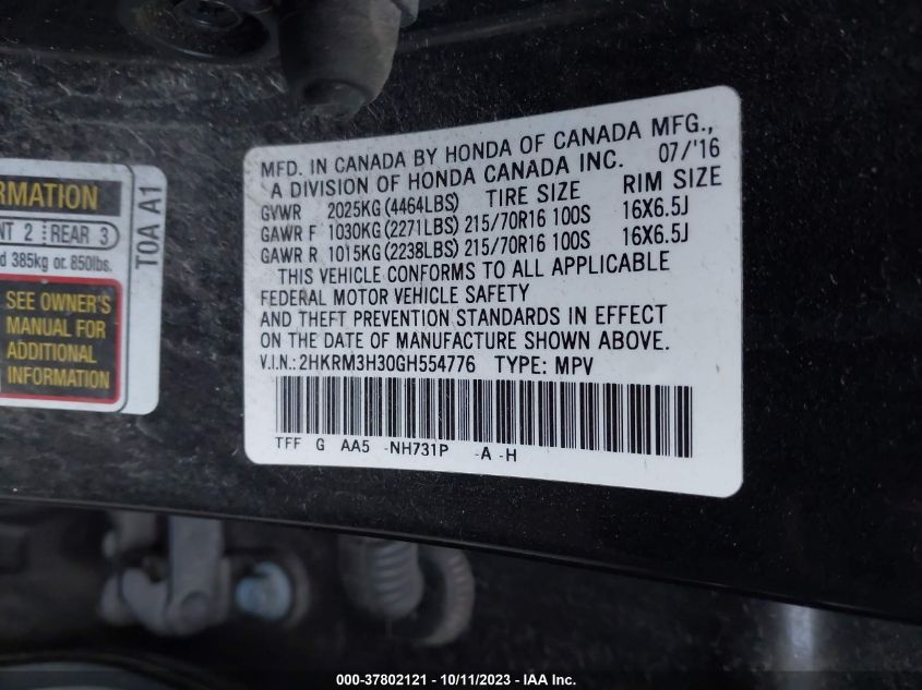 2016 HONDA CR-V LX - 2HKRM3H30GH554776