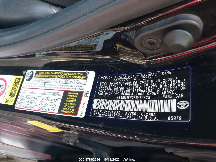 2015 TOYOTA CAMRY HYBRID LE/XLE/SE - 4T1BD1FK2FU151429