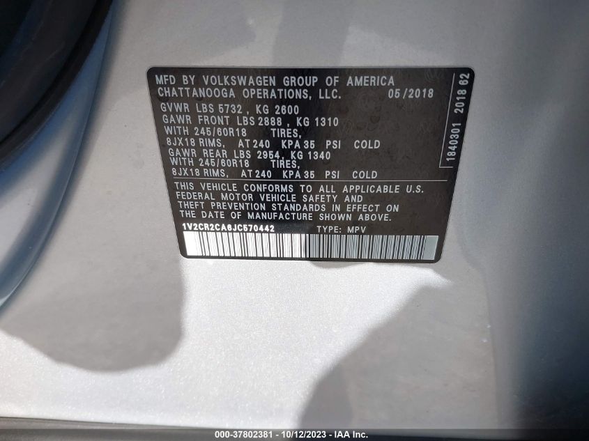 2018 VOLKSWAGEN ATLAS 3.6L V6 SE - 1V2CR2CA6JC570442