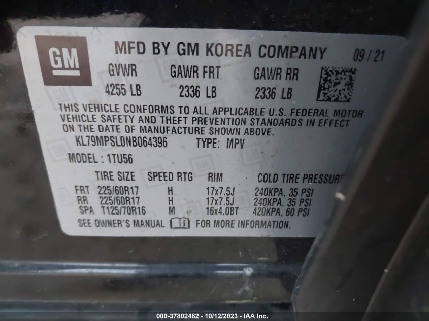 2022 CHEVROLET TRAILBLAZER 1.3L I3 FI DOHC 12V (VIN: KL79MPSL0NB064396