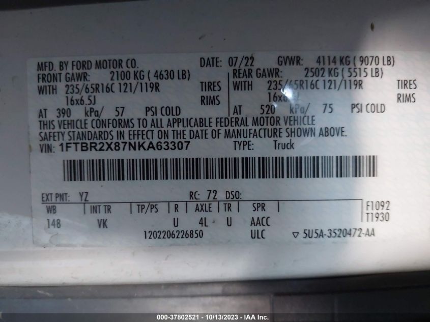 2022 FORD TRANSIT CARGO VAN 1FTBR2X87NKA63307