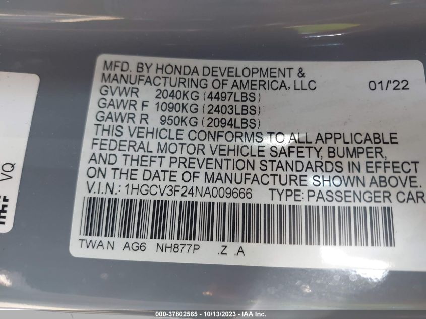 1HGCV3F24NA009666 Honda Accord Hybrid SPORT 9