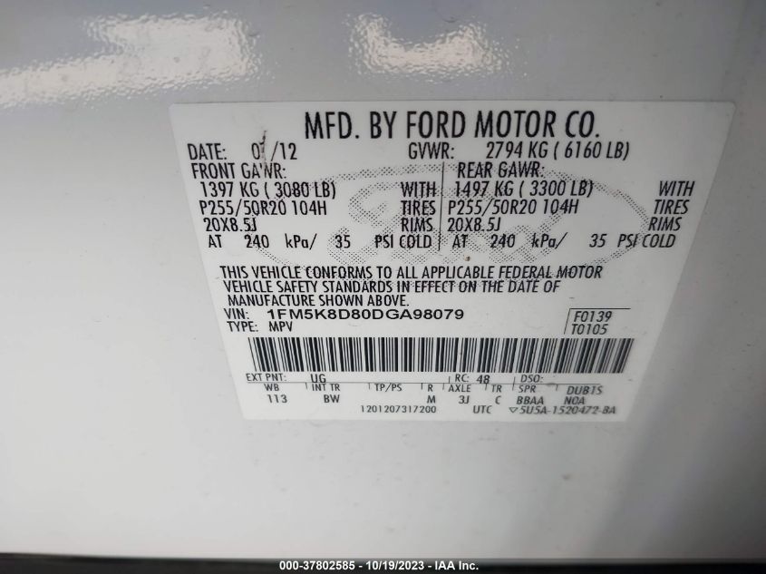 2013 FORD EXPLORER XLT - 1FM5K8D80DGA98079