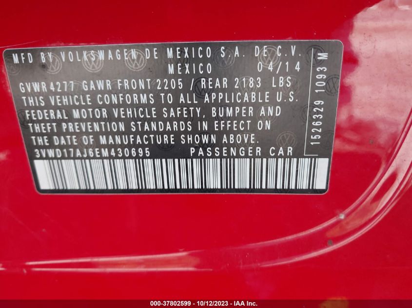 2014 VOLKSWAGEN JETTA SEDAN SE 3VWD17AJ6EM430695