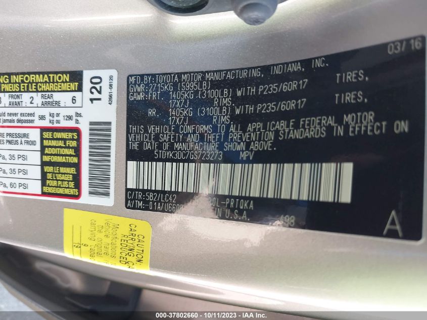 VIN 5TDYK3DC7GS723273 2016 TOYOTA SIENNA no.9