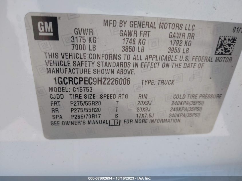 2017 CHEVROLET SILVERADO 1500 CUSTOM - 1GCRCPEC9HZ226006