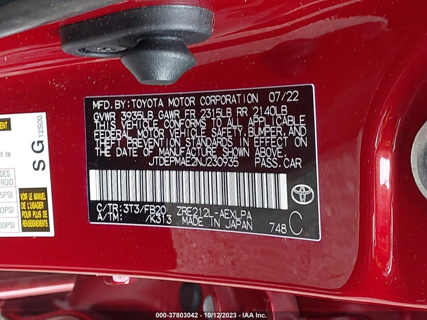 2022 TOYOTA COROLLA 1.8L I4   N(VIN: JTDEPMAE2NJ230935