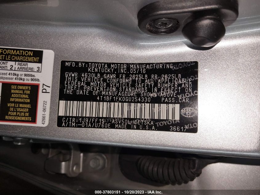 2016 TOYOTA CAMRY XLE/SE/LE/XSE - 4T1BF1FK0GU254330