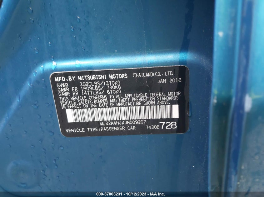 VIN ML32A4HJXJH009207 2018 MITSUBISHI MIRAGE SE