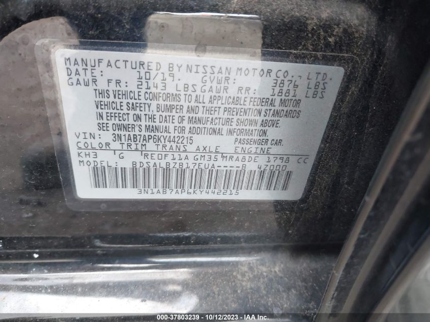 2019 NISSAN SENTRA S/SV/SR/SL - 3N1AB7AP6KY442215