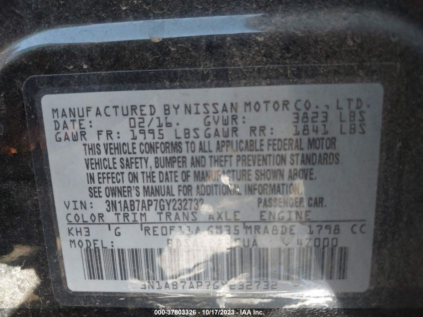 2016 NISSAN SENTRA S/SV/SR/SL - 3N1AB7AP7GY232732