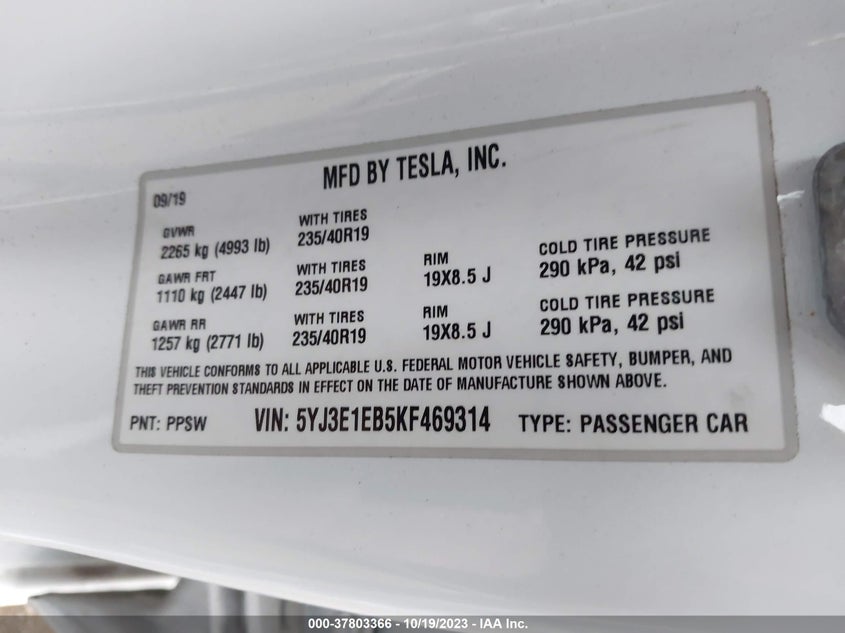 VIN 5YJ3E1EB5KF469314 2019 TESLA MODEL 3 LONG RANGE/PERFORMANCE