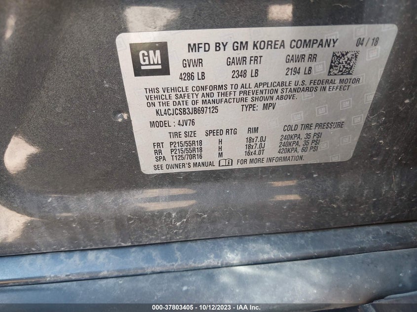 VIN KL4CJCSB3JB697125 2018 BUICK ENCORE ESSENCE