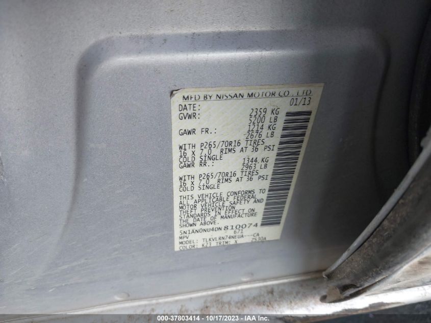 2013 NISSAN XTERRA S - 5N1AN0NU4DN810074