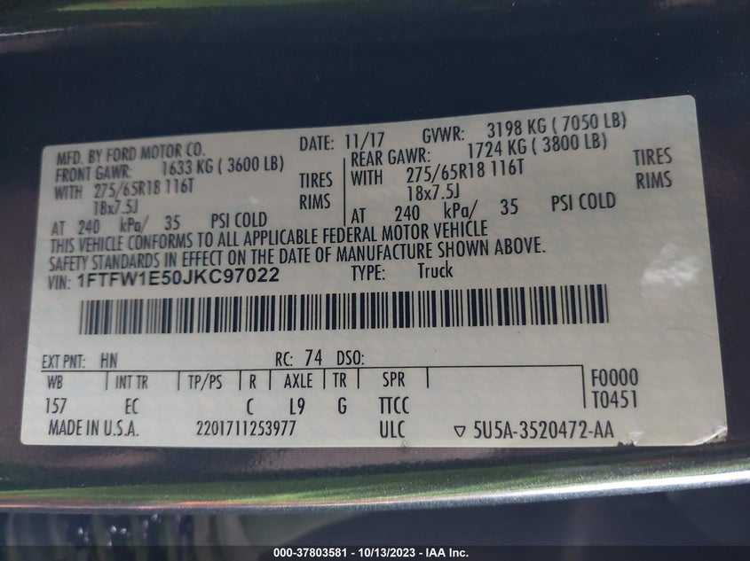 VIN 1FTFW1E50JKC97022 2018 FORD F-150 XL/XLT/LARIAT