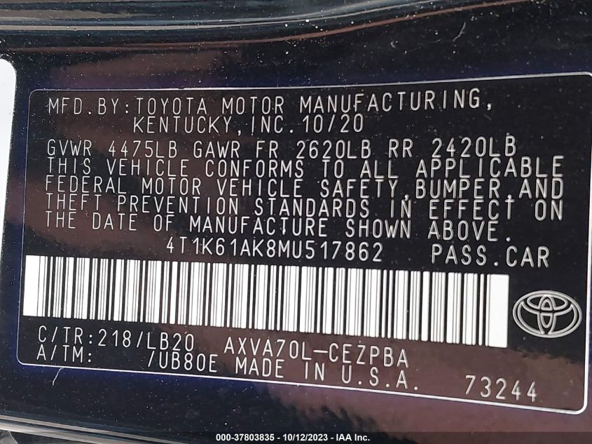 2021 TOYOTA CAMRY XSE - 4T1K61AK8MU517862