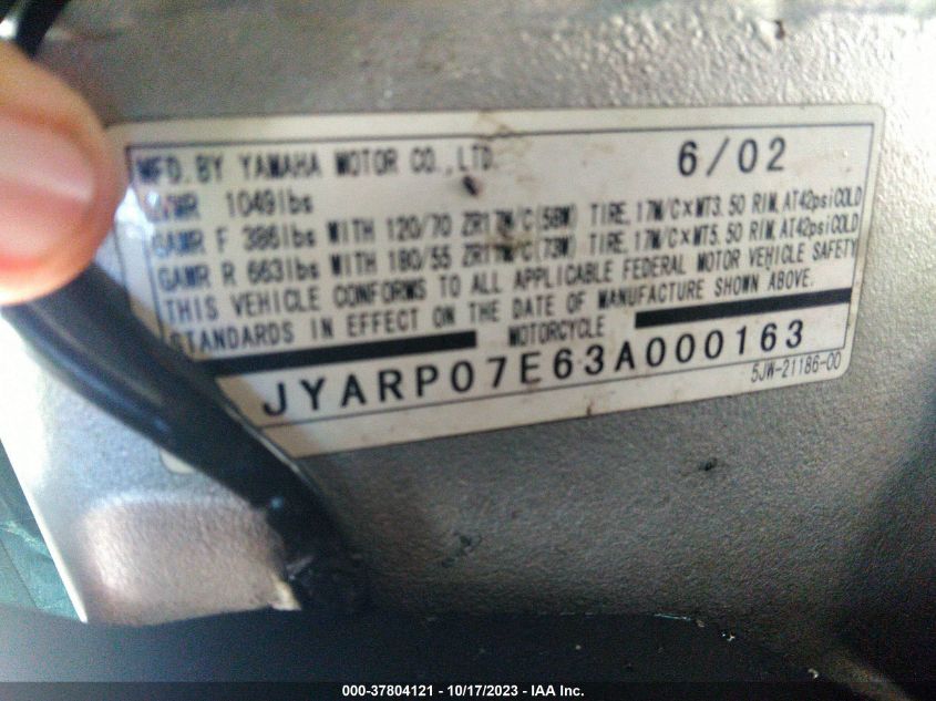 2003 YAMAHA FJR1300 JYARP07E63A000163