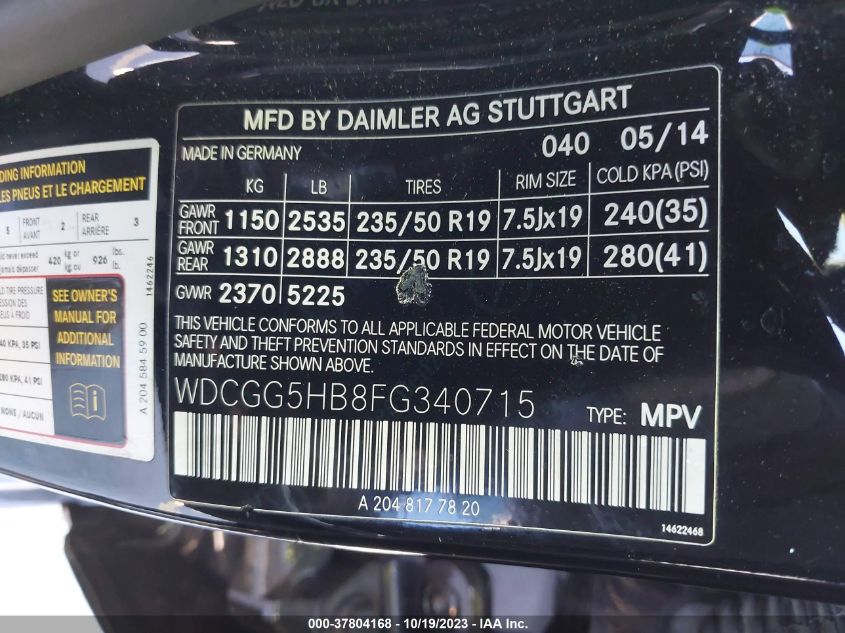 2015 MERCEDES-BENZ GLK 350 WDCGG5HB8FG340715