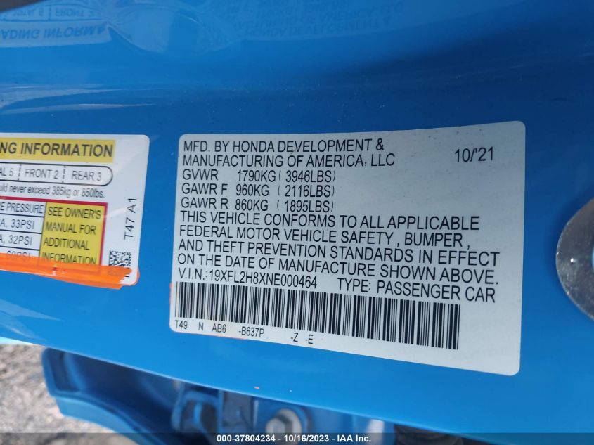 2022 HONDA CIVIC SPORT - 19XFL2H8XNE000464
