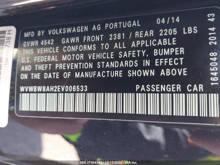 2014 VOLKSWAGEN EOS KOMFORT WVWBW8AH2EV006533