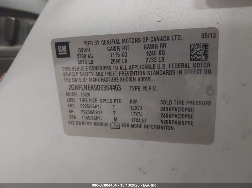 2013 CHEVROLET EQUINOX LT - 2GNFLNEK9D6364463