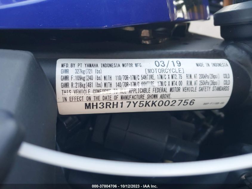 2019 YAMAHA YZFR3 MH3RH17Y5KK002756