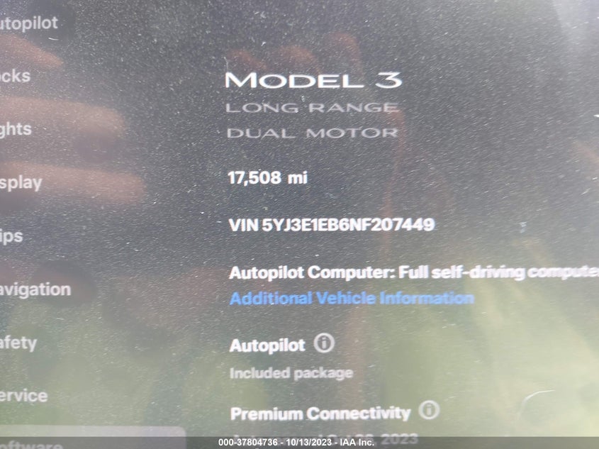 VIN 5YJ3E1EB6NF207449 2022 TESLA MODEL 3