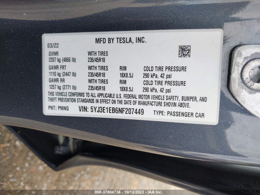 VIN 5YJ3E1EB6NF207449 2022 TESLA MODEL 3