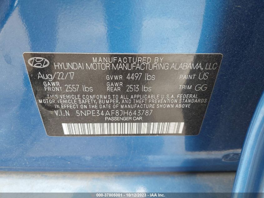 2018 HYUNDAI SONATA SEL - 5NPE34AF8JH643787