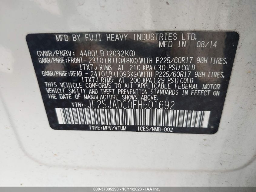 2015 SUBARU FORESTER 2.5I PREMIUM - JF2SJADC0FH501692